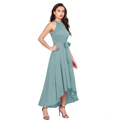 Women's Polyester Solid Halter Neck Sleeveless Dress (Pista)