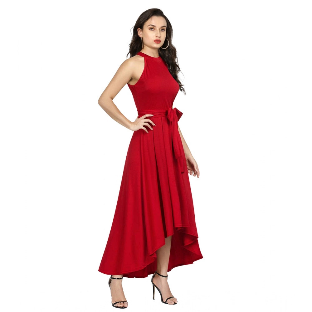 Women'S Polyster Solid Halter Neck Sleeveless Dress (Red)