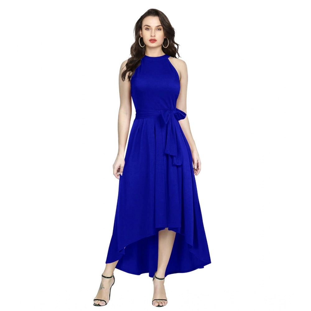 Women'S Polyster Solid Halter Neck Sleeveless Dress (Royal Blu