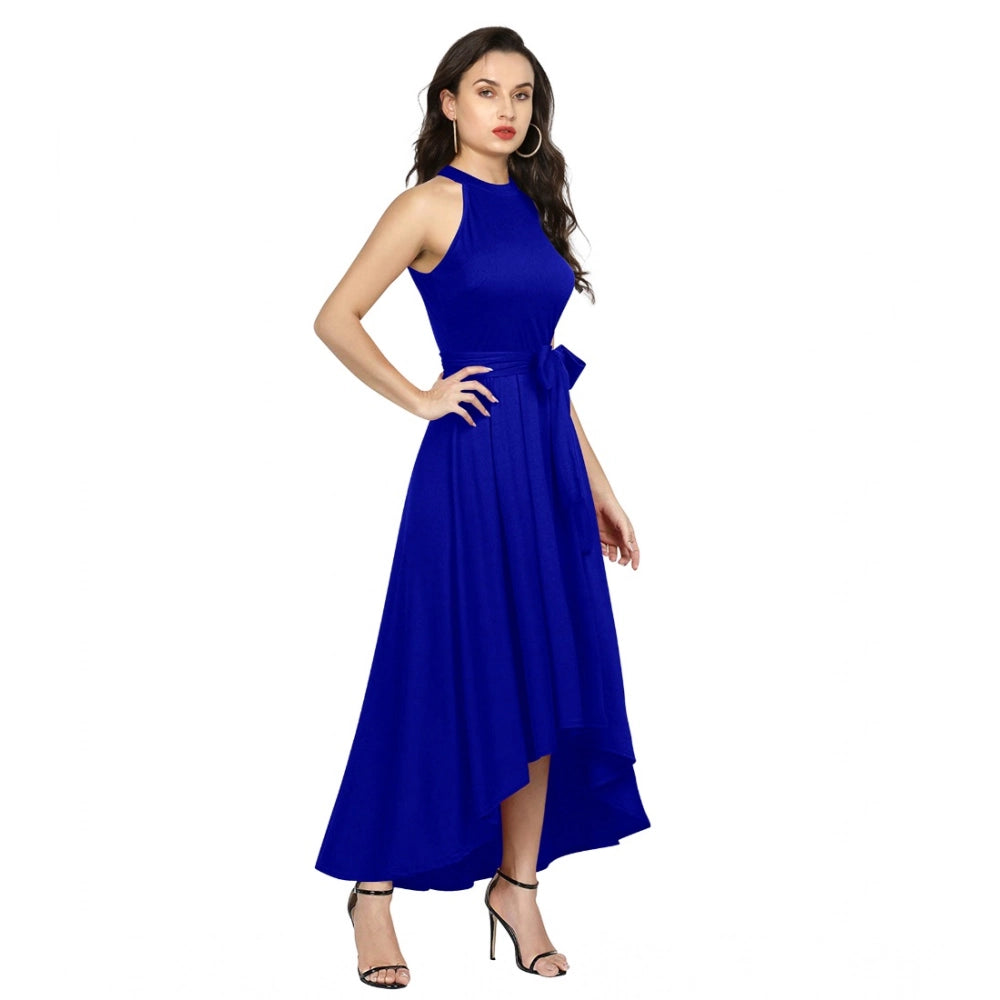 Women'S Polyster Solid Halter Neck Sleeveless Dress (Royal Blu