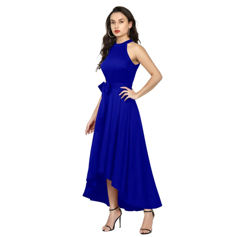 Women'S Polyster Solid Halter Neck Sleeveless Dress (Royal Blu