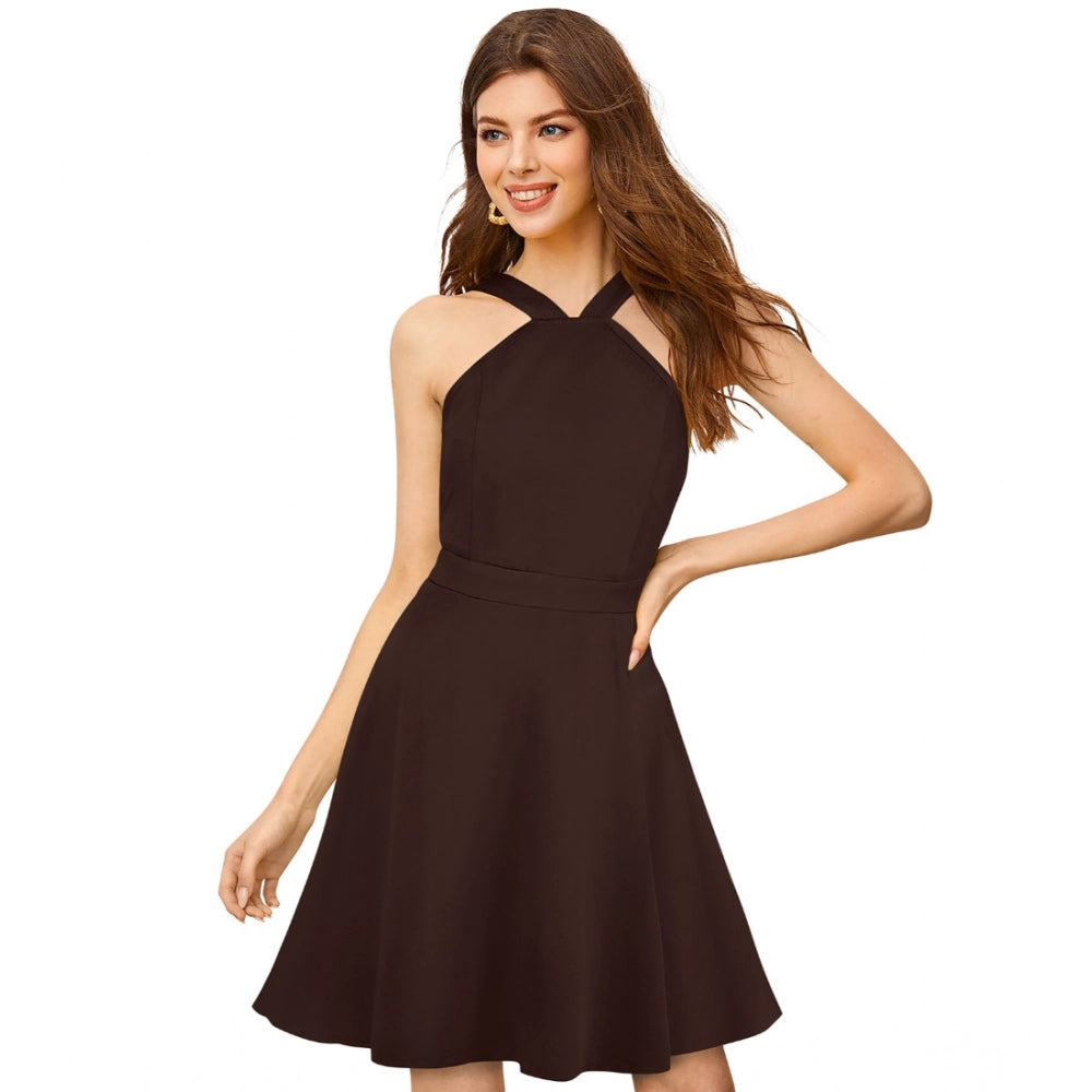 Women'S Knitting Stretchable Solid Halter Neck Sleeveless Dres