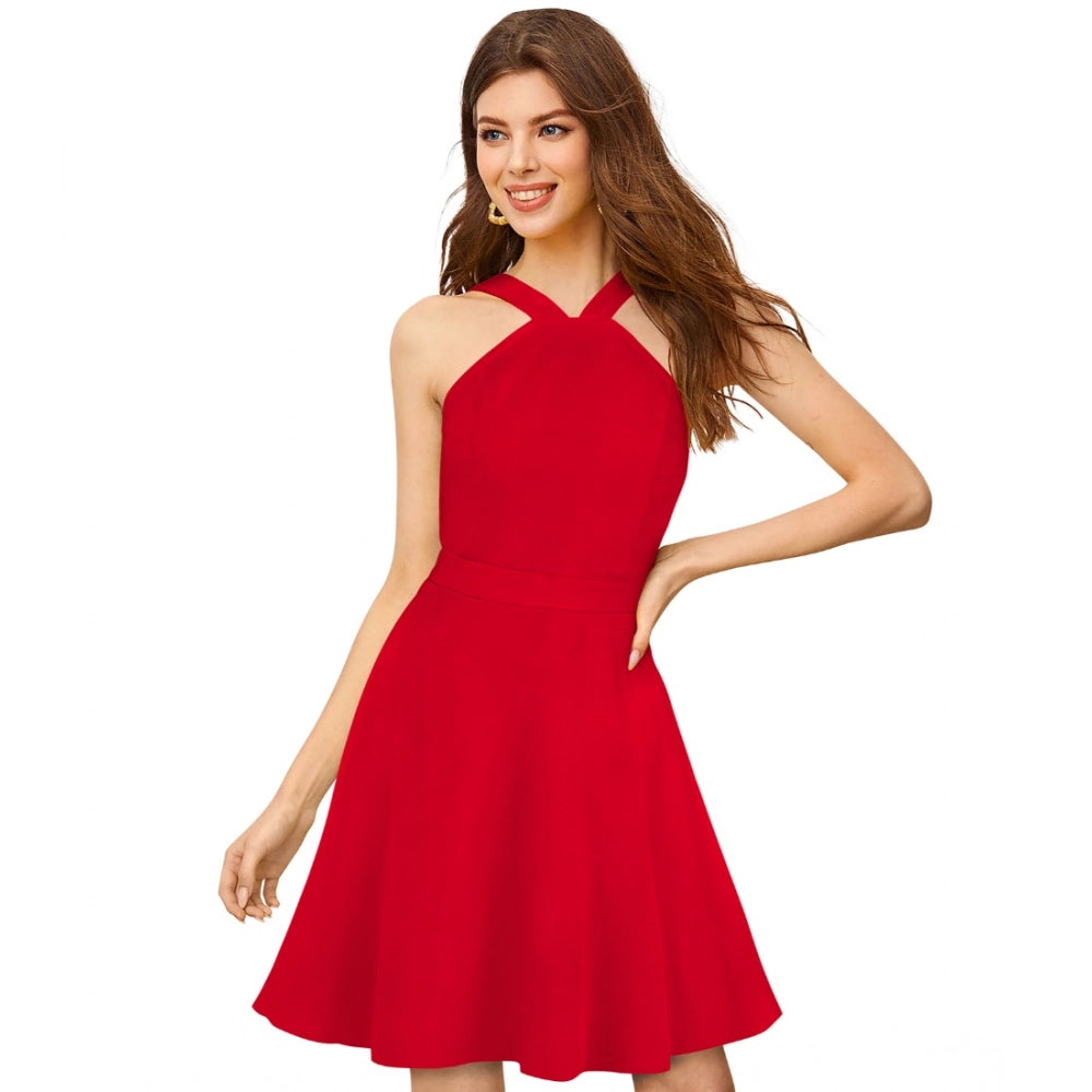Women'S Knitting Stretchable Solid Halter Neck Sleeveless Dres
