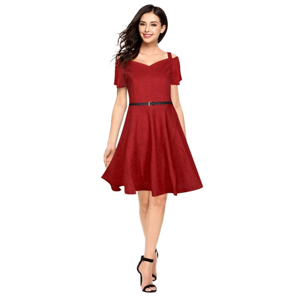 Women'S Polyester Solid V Neck Cap Sleeve Dress (Maroon)