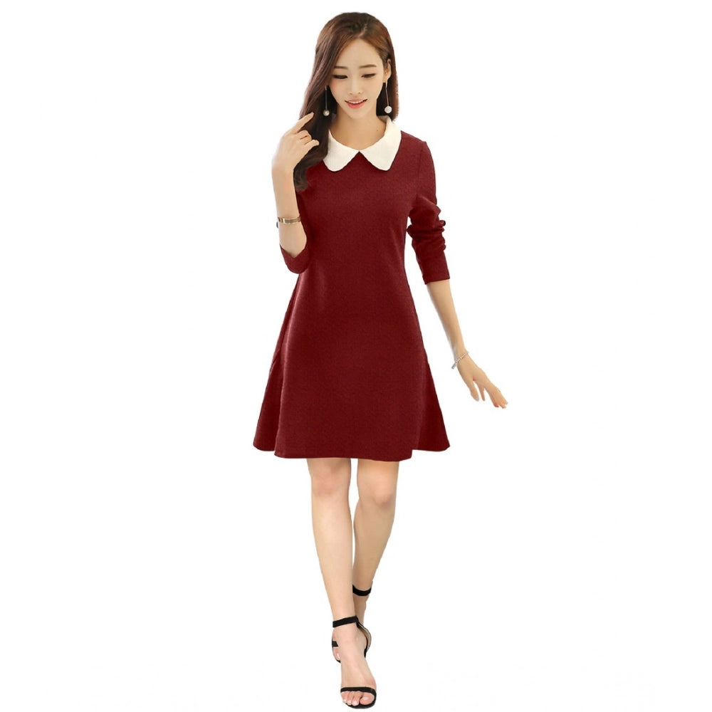 Women'S Polyester Solid Collar 3-4Th Dress (Maroon)