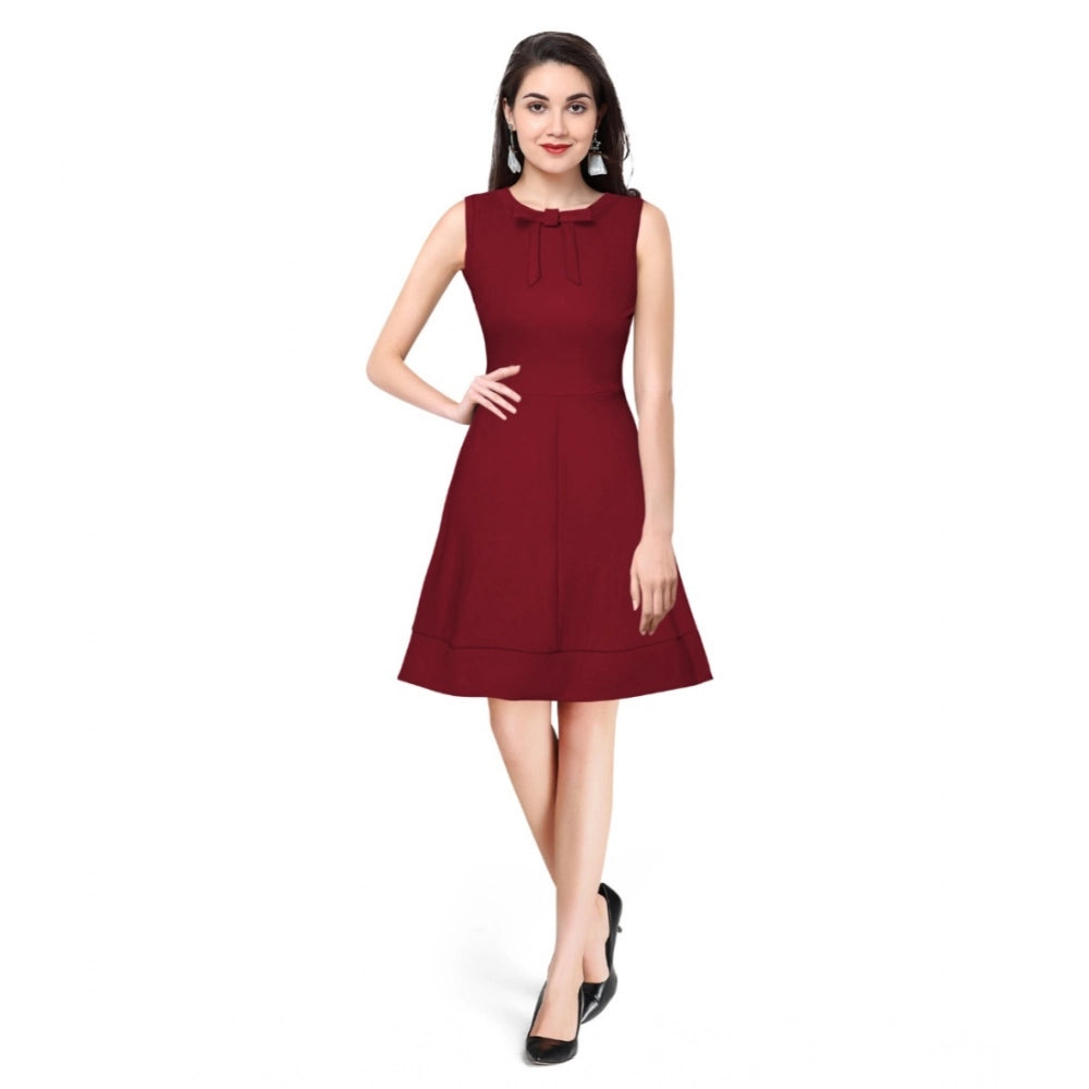 Women'S Polyester Solid Round Neck Sleeveless Dress (Maroon)