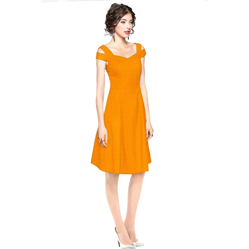 Women'S Polyester Solid V Neck Cap Sleeve Off Shoulder Dress (