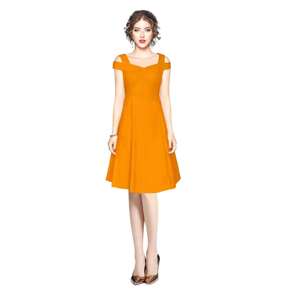 Women'S Polyester Solid V Neck Cap Sleeve Off Shoulder Dress (