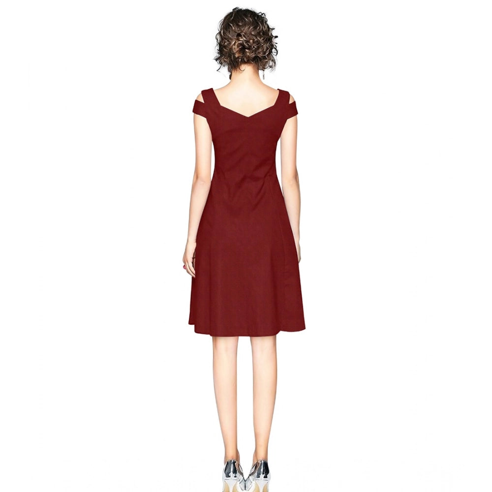 Women'S Polyester Solid V Neck Cap Sleeve Off Shoulder Dress (