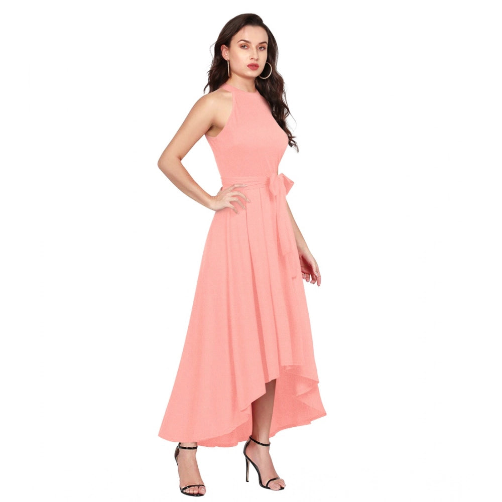 Women'S Polyster Solid Halter Neck Sleeveless Dress (Peach)