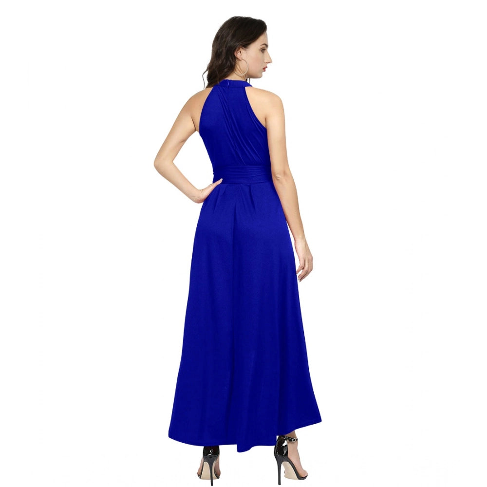 Women'S Polyster Solid Halter Neck Sleeveless Dress (Royal Blu