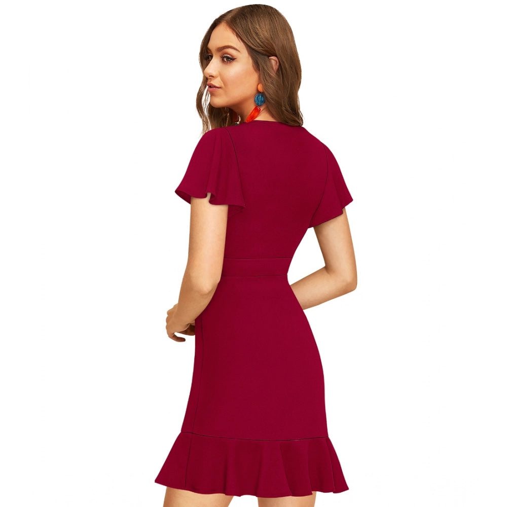 Women'S Knitting Stretchable Solid V Neck Flaired Sleeve Dress