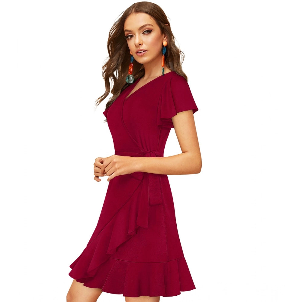 Women'S Knitting Stretchable Solid V Neck Flaired Sleeve Dress
