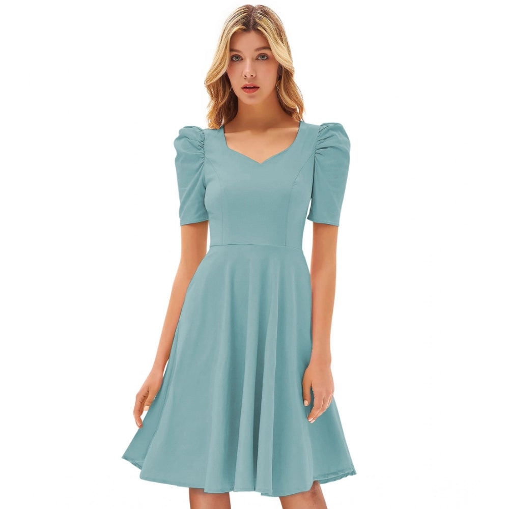 Women'S Knitting Stretchable Solid V Neck Cap Sleeve Dress (Pi