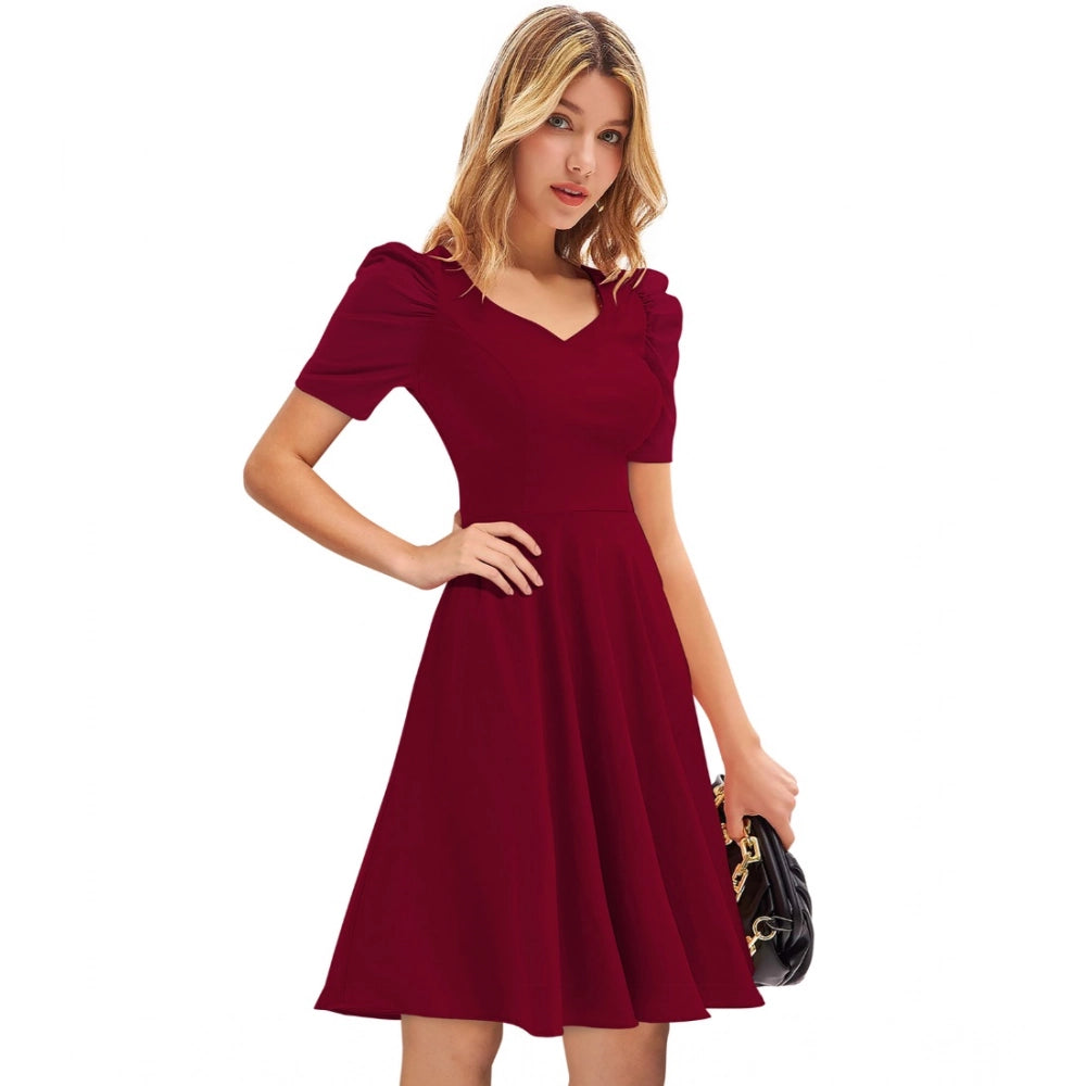 Women's Knitting stretchable Solid V Neck Cap Sleeve Dress - Maroon