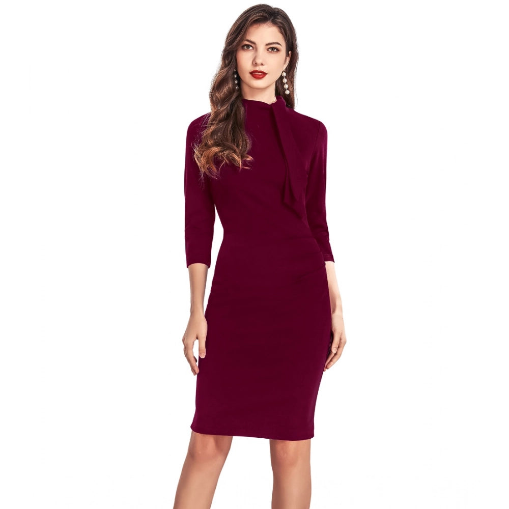 Women'S Knitting Stretchable Solid Round Neck 3-4Th Dress (Mar