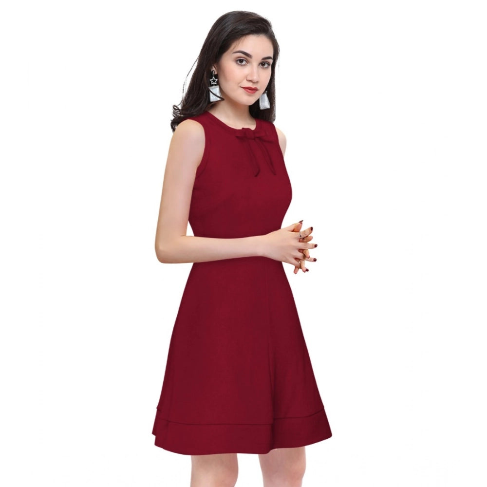 Women'S Polyester Solid Round Neck Sleeveless Dress (Maroon)