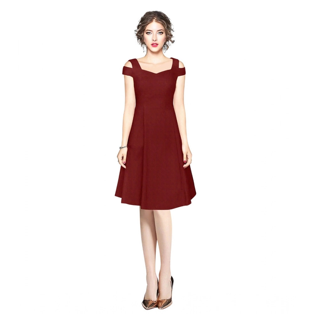 Women'S Polyester Solid V Neck Cap Sleeve Off Shoulder Dress (