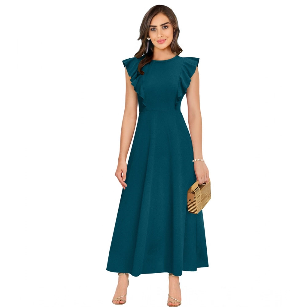 Women'S Knitting Stretchable Solid Round Neck Ruffled Sleeve D