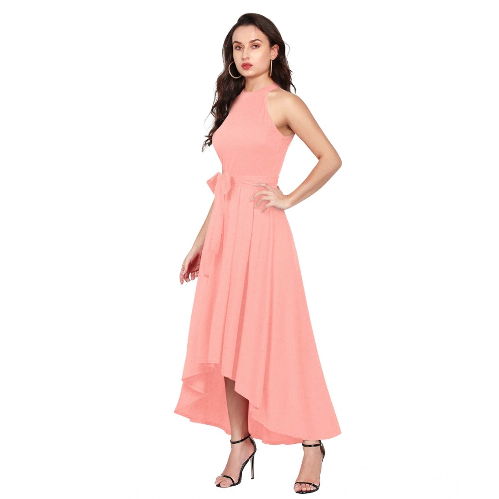 Women'S Polyster Solid Halter Neck Sleeveless Dress (Peach)