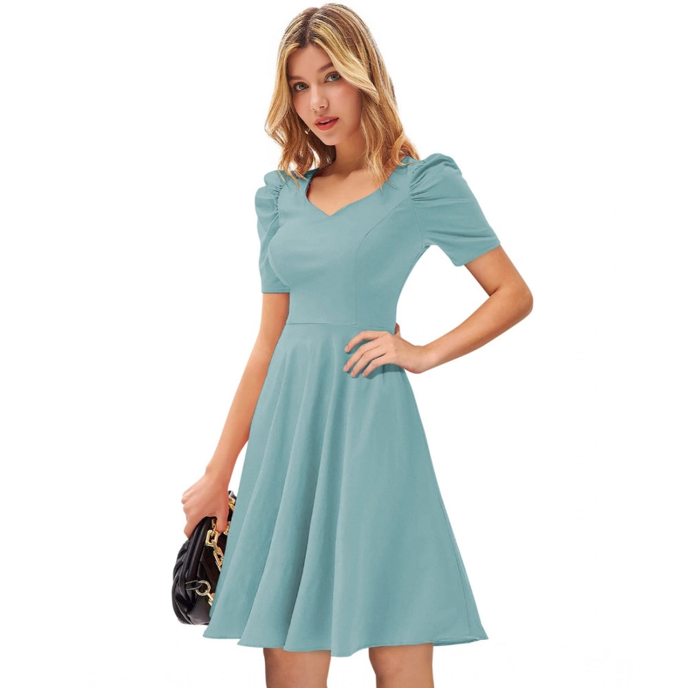 Women'S Knitting Stretchable Solid V Neck Cap Sleeve Dress (Pi