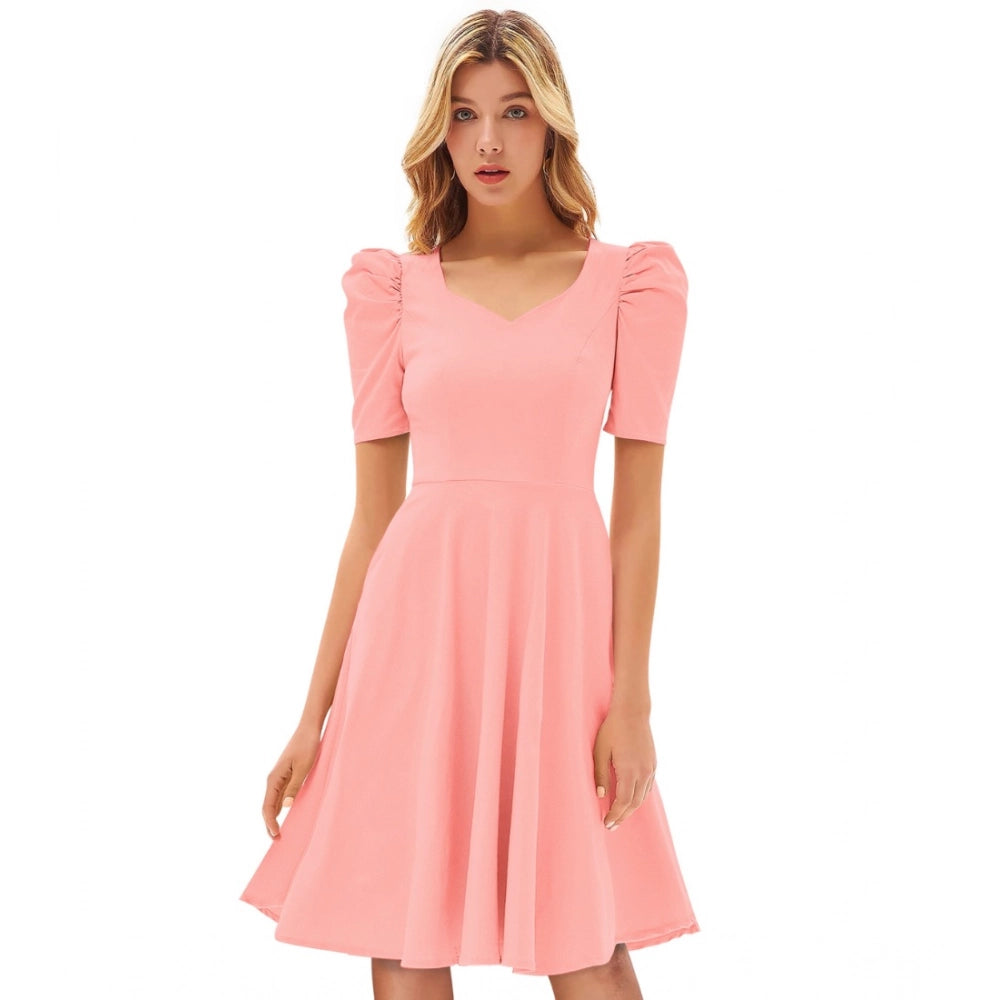 Women'S Knitting Stretchable Solid V Neck Cap Sleeve Dress (Pe