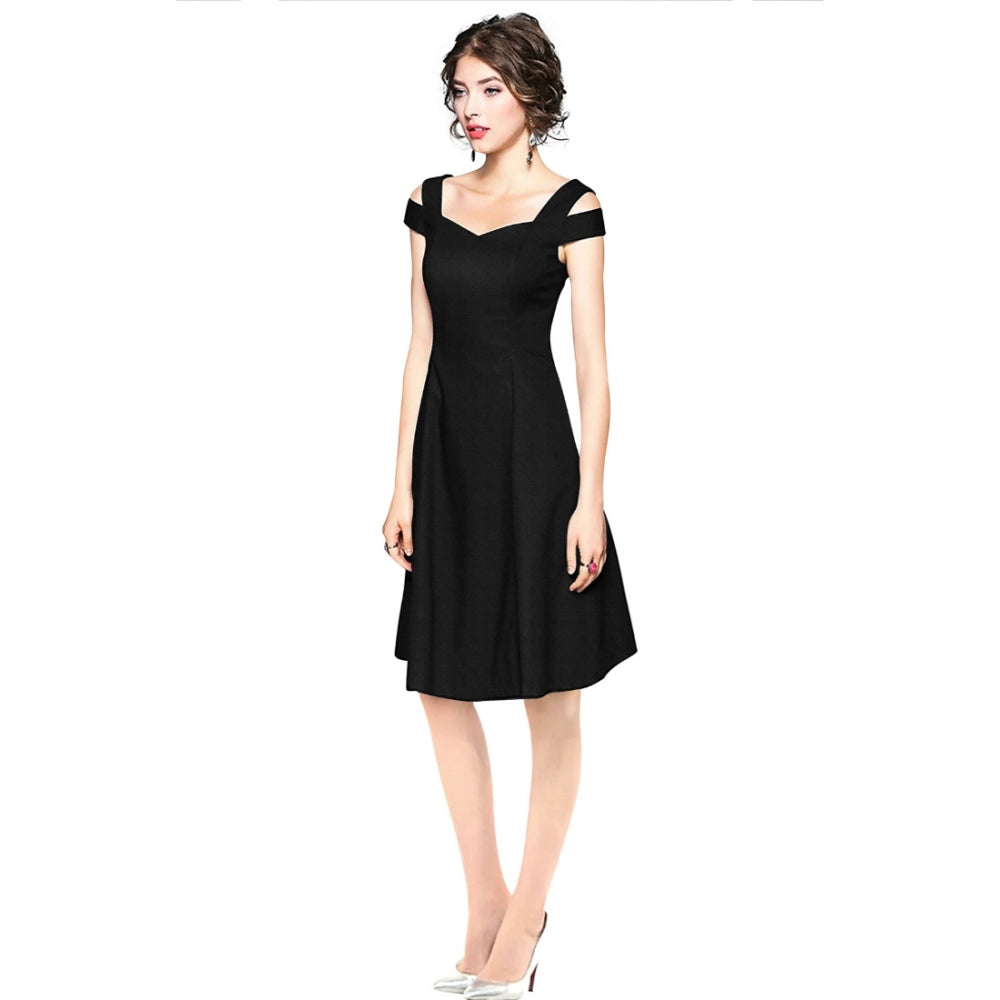 Women'S Polyester Solid V Neck Cap Sleeve Off Shoulder Dress (