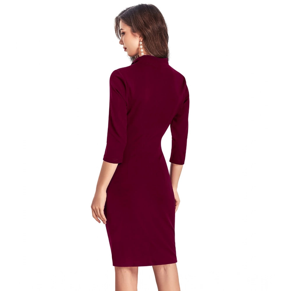 Women'S Knitting Stretchable Solid Round Neck 3-4Th Dress (Mar