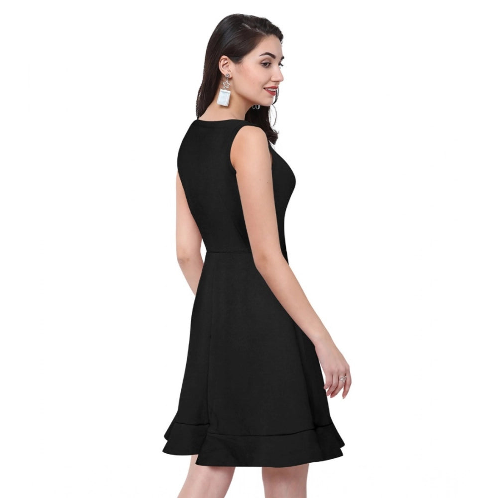 Women'S Polyester Solid Round Neck Sleeveless Dress (Black)