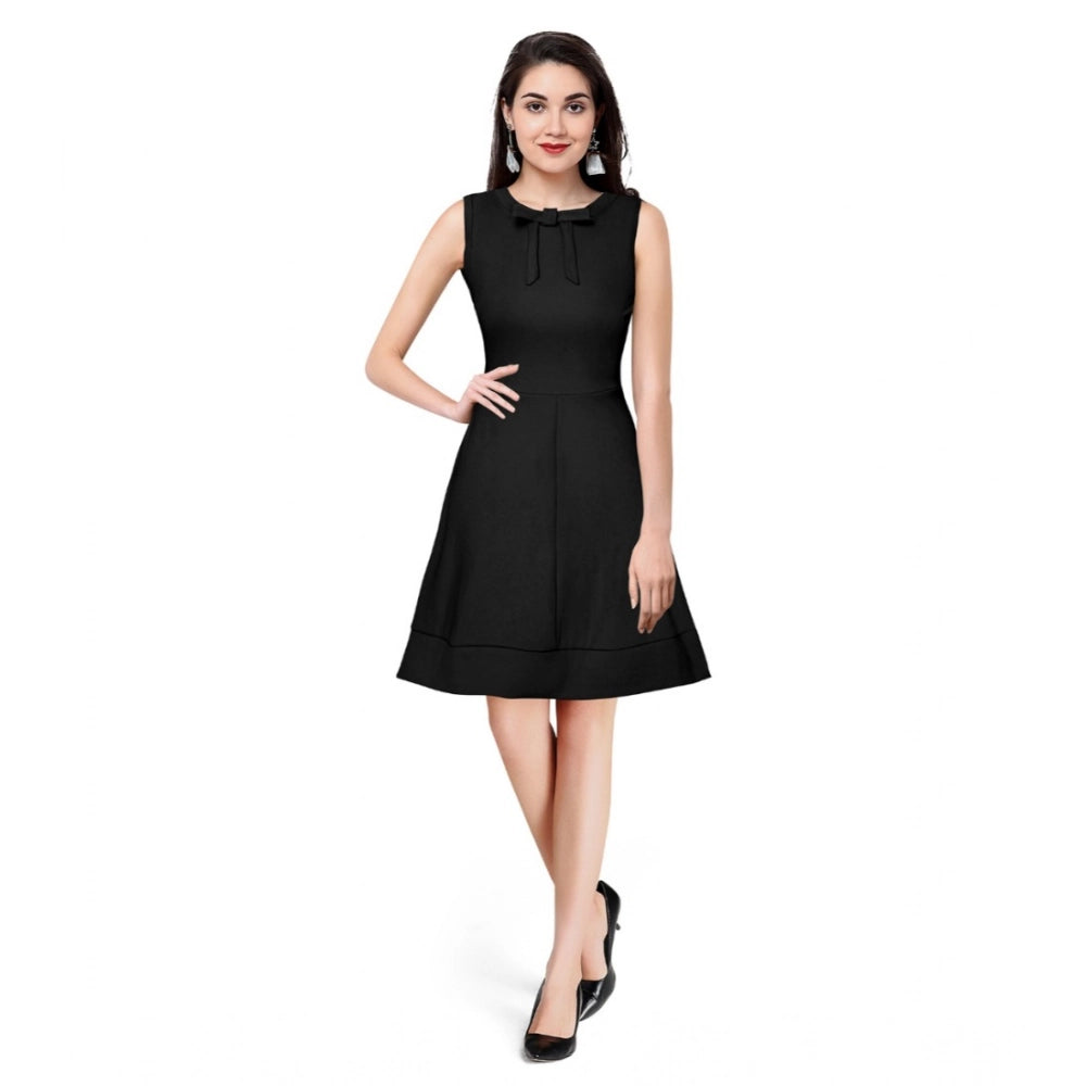 Women'S Polyester Solid Round Neck Sleeveless Dress (Black)