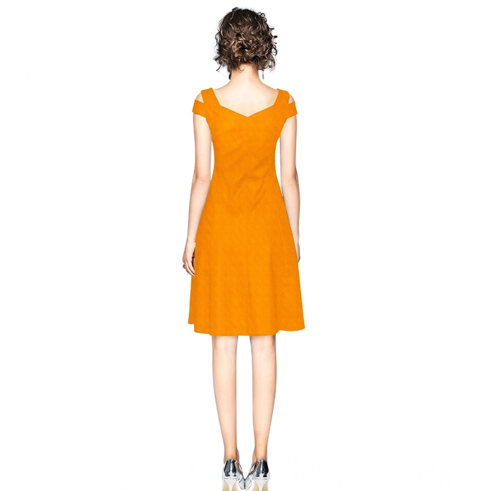 Women'S Polyester Solid V Neck Cap Sleeve Off Shoulder Dress (