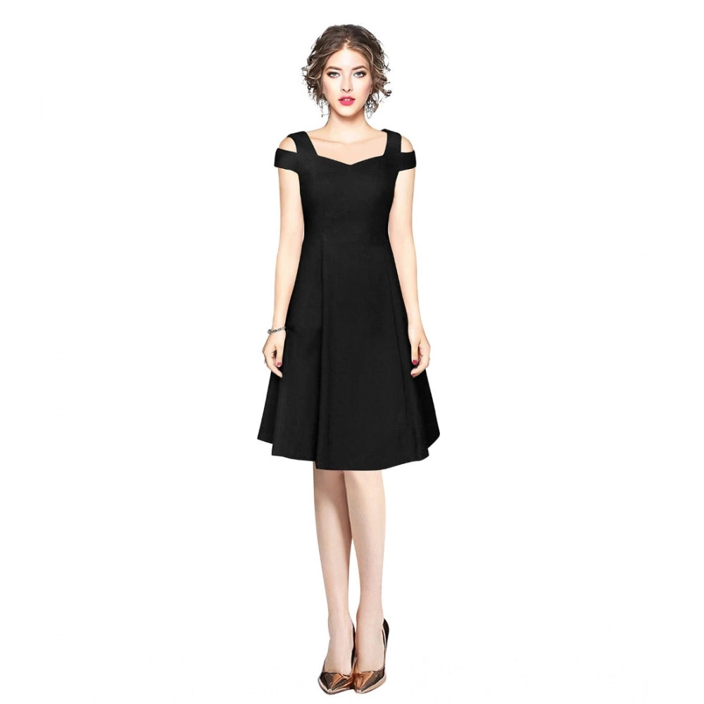 Women'S Polyester Solid V Neck Cap Sleeve Off Shoulder Dress (