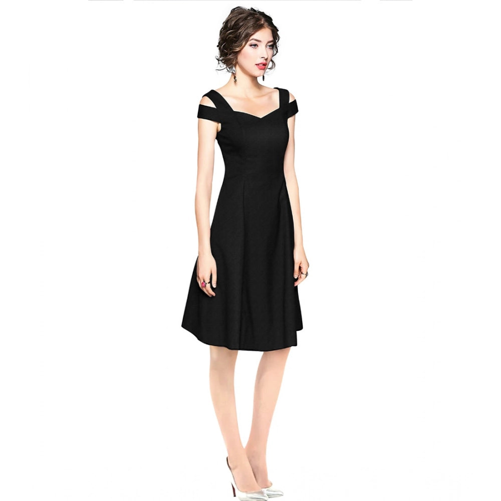 Women'S Polyester Solid V Neck Cap Sleeve Off Shoulder Dress (