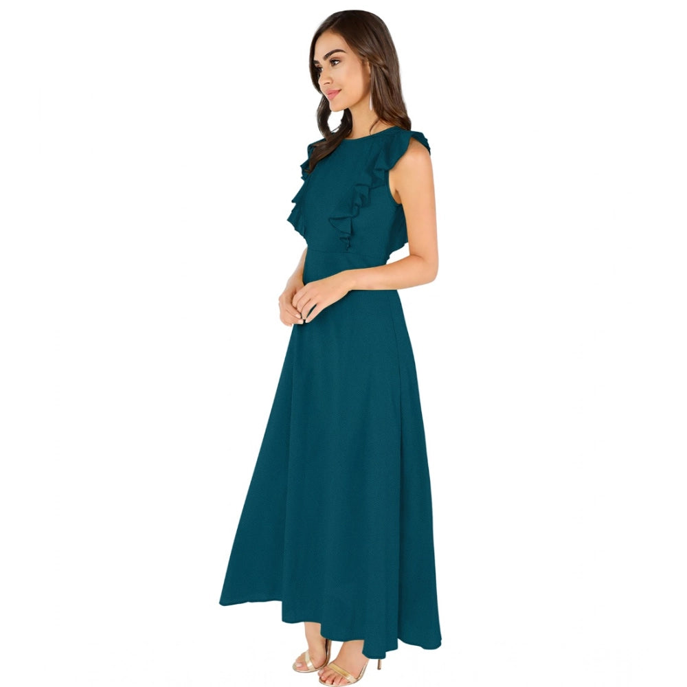 Women'S Knitting Stretchable Solid Round Neck Ruffled Sleeve D
