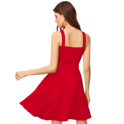 Women's Knitting stretchable Solid Halter Neck Sleeveless Dress (Red )