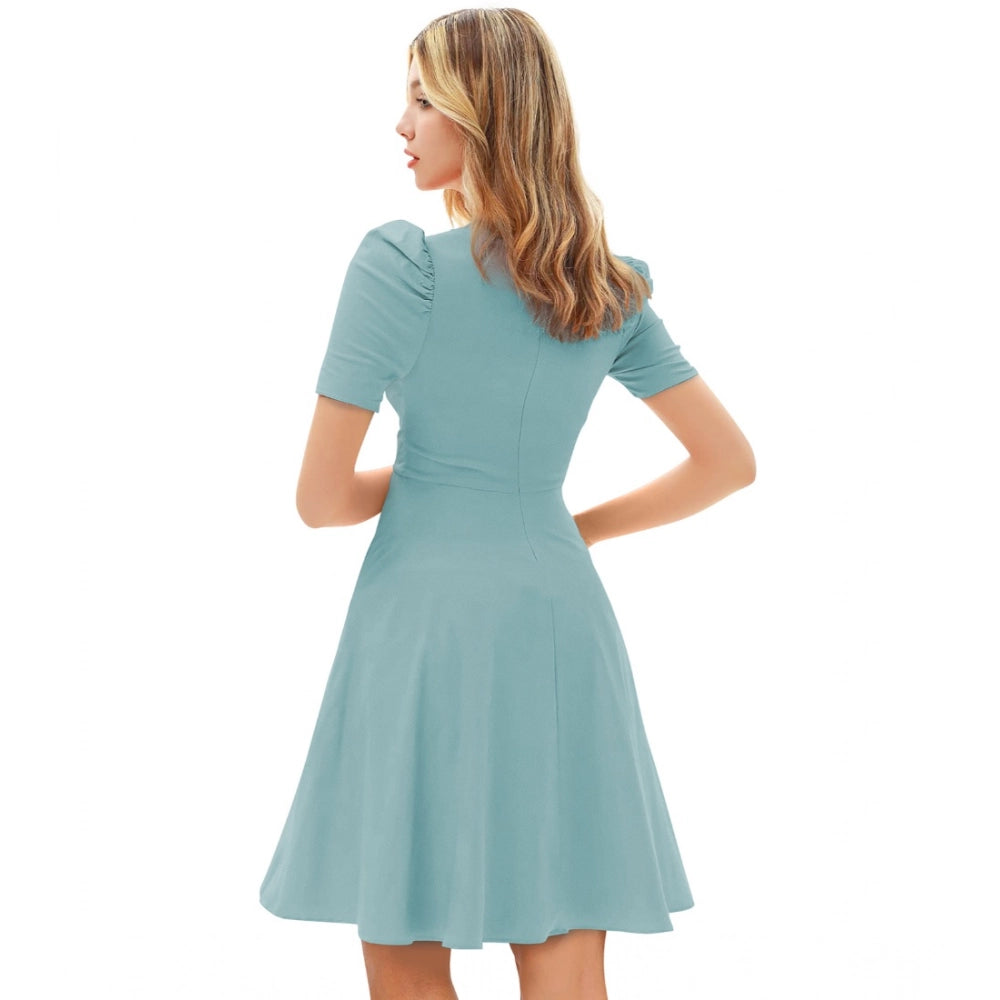 Women'S Knitting Stretchable Solid V Neck Cap Sleeve Dress (Pi