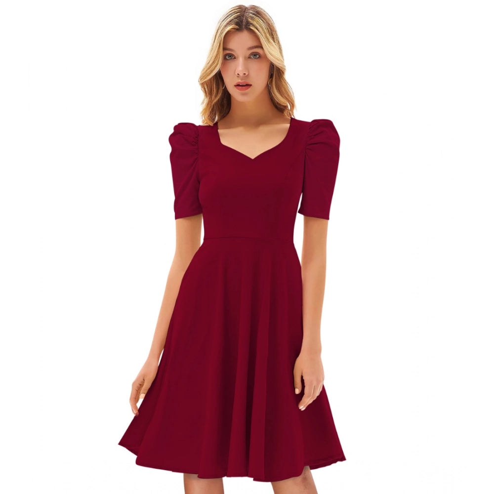 Women's Knitting stretchable Solid V Neck Cap Sleeve Dress - Maroon