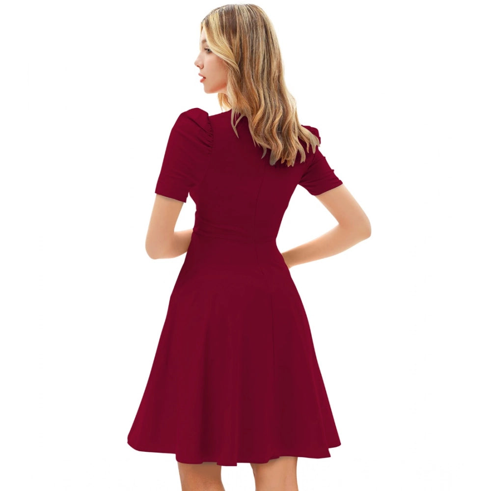 Women's Knitting stretchable Solid V Neck Cap Sleeve Dress - Maroon