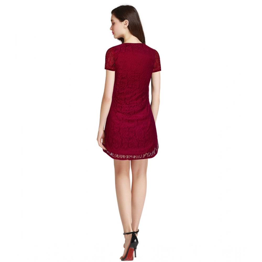 Women'S Rasal Solid Round Neck Cap Sleeve Dress (Maroon)