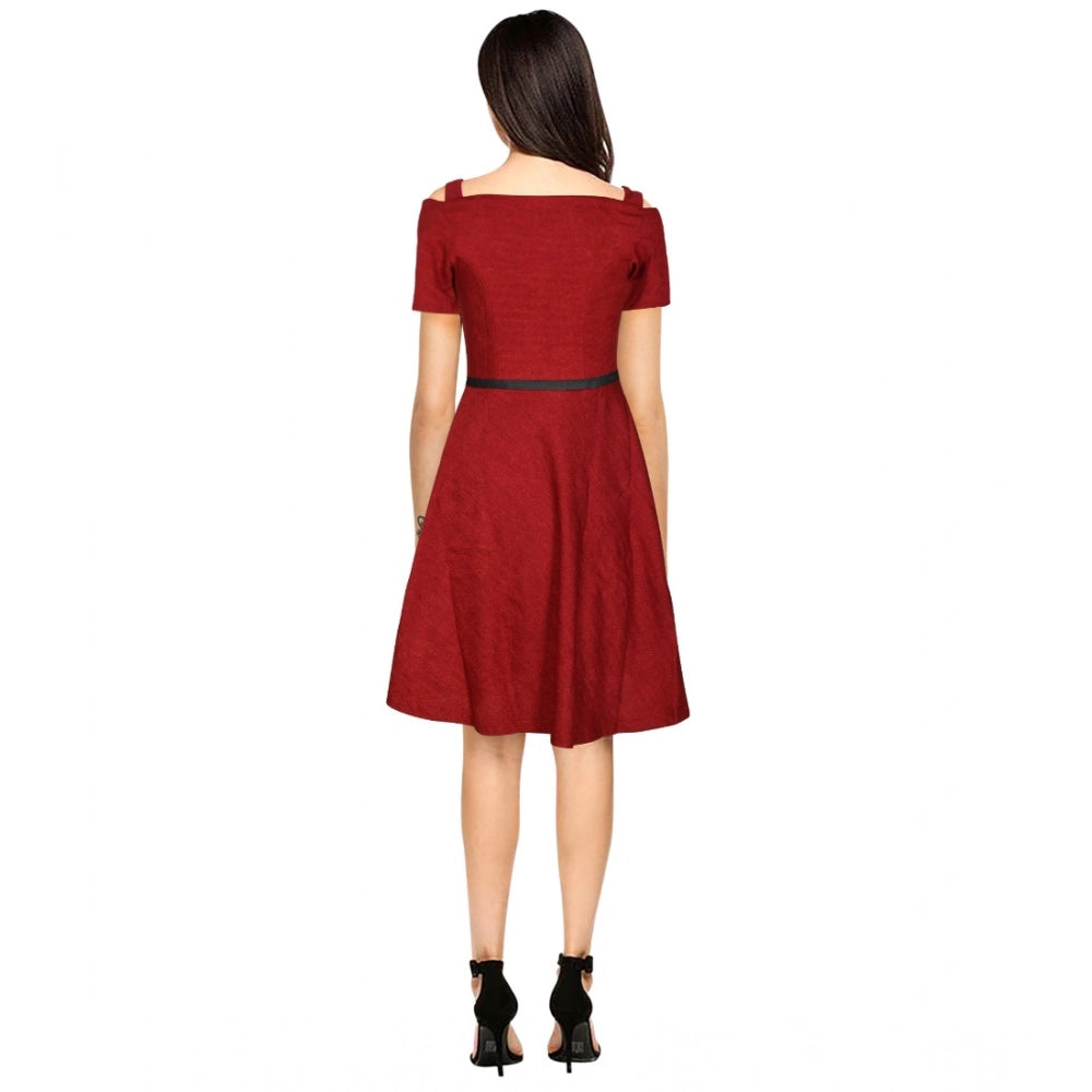 Women'S Polyester Solid V Neck Cap Sleeve Dress (Maroon)
