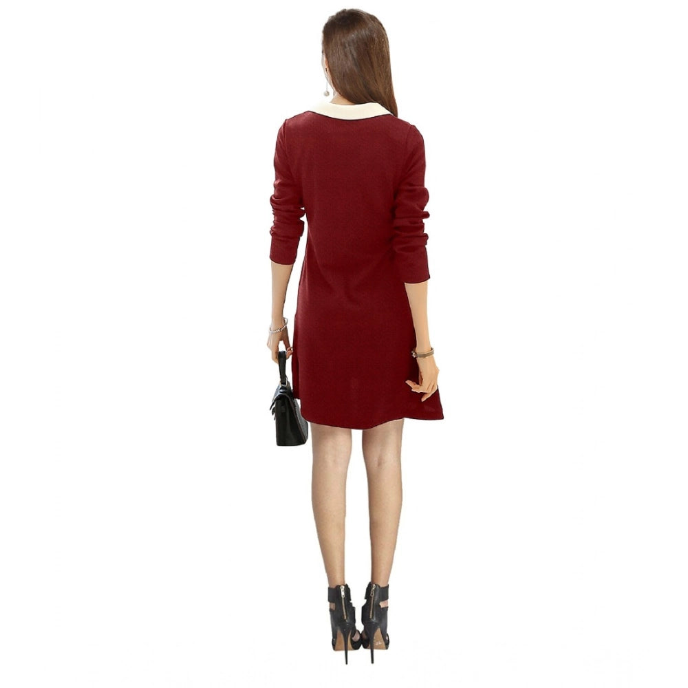 Women'S Polyester Solid Collar 3-4Th Dress (Maroon)