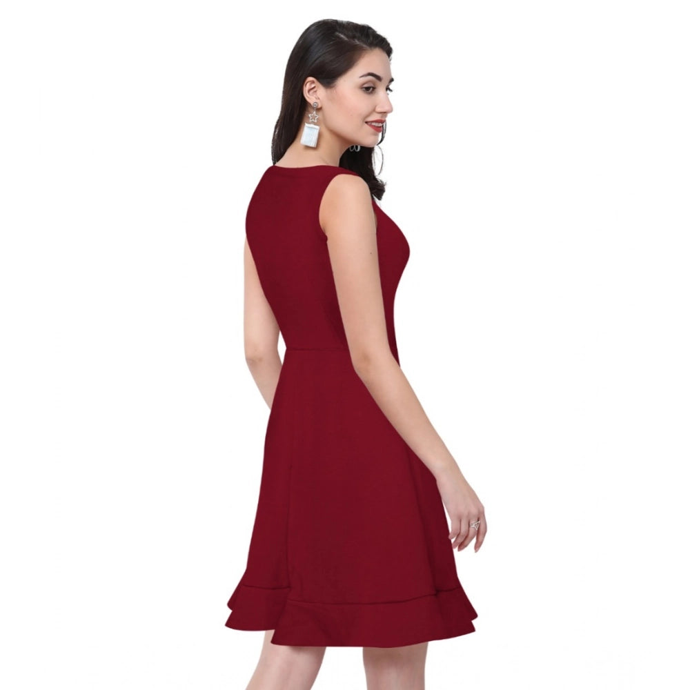 Women'S Polyester Solid Round Neck Sleeveless Dress (Maroon)