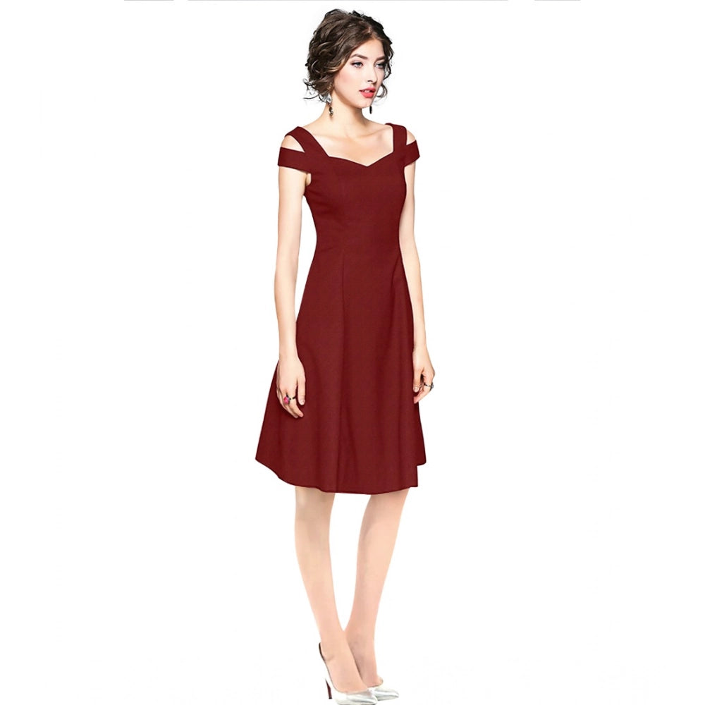 Women'S Polyester Solid V Neck Cap Sleeve Off Shoulder Dress (