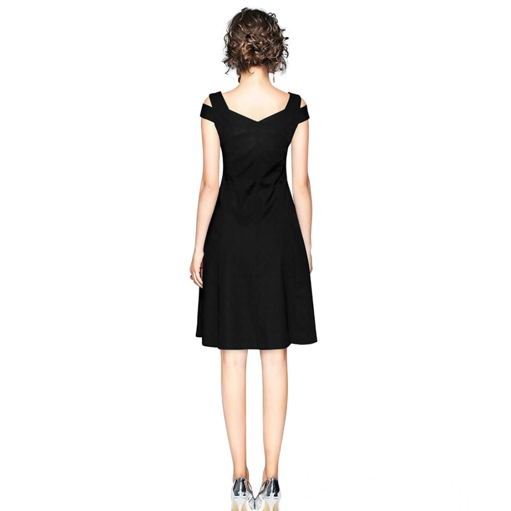 Women'S Polyester Solid V Neck Cap Sleeve Off Shoulder Dress (