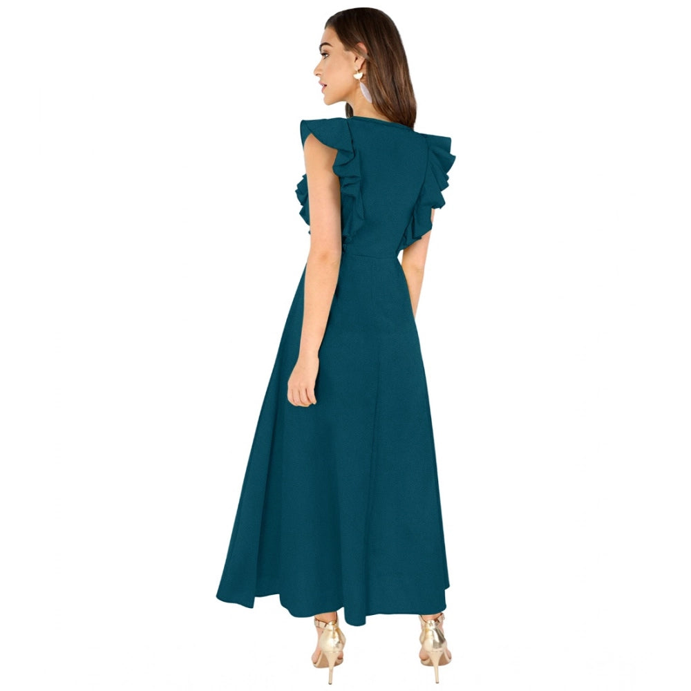 Women'S Knitting Stretchable Solid Round Neck Ruffled Sleeve D