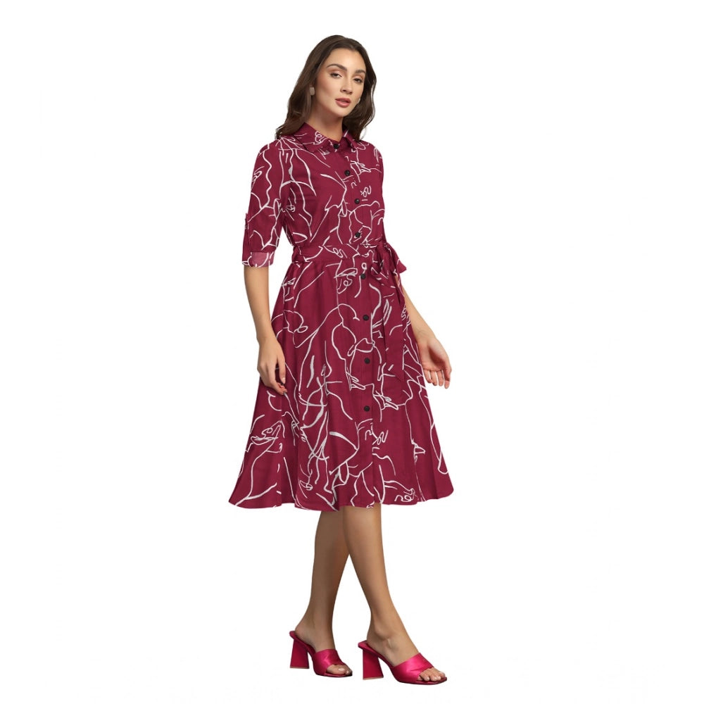 Women'S Ruby Cotton Printed Shirt Collar 3-4Th Sleeve Dress (M