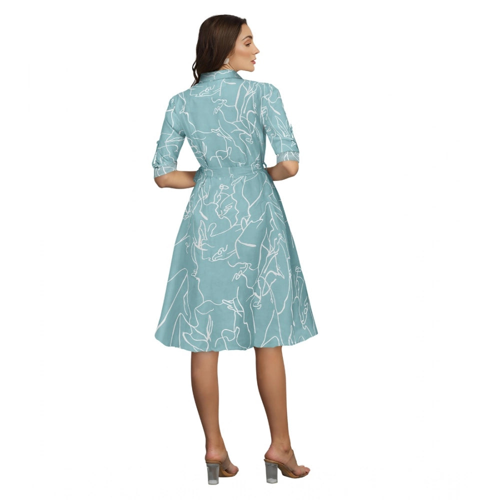 Women'S Ruby Cotton Printed Shirt Collar 3-4Th Sleeve Dress (P