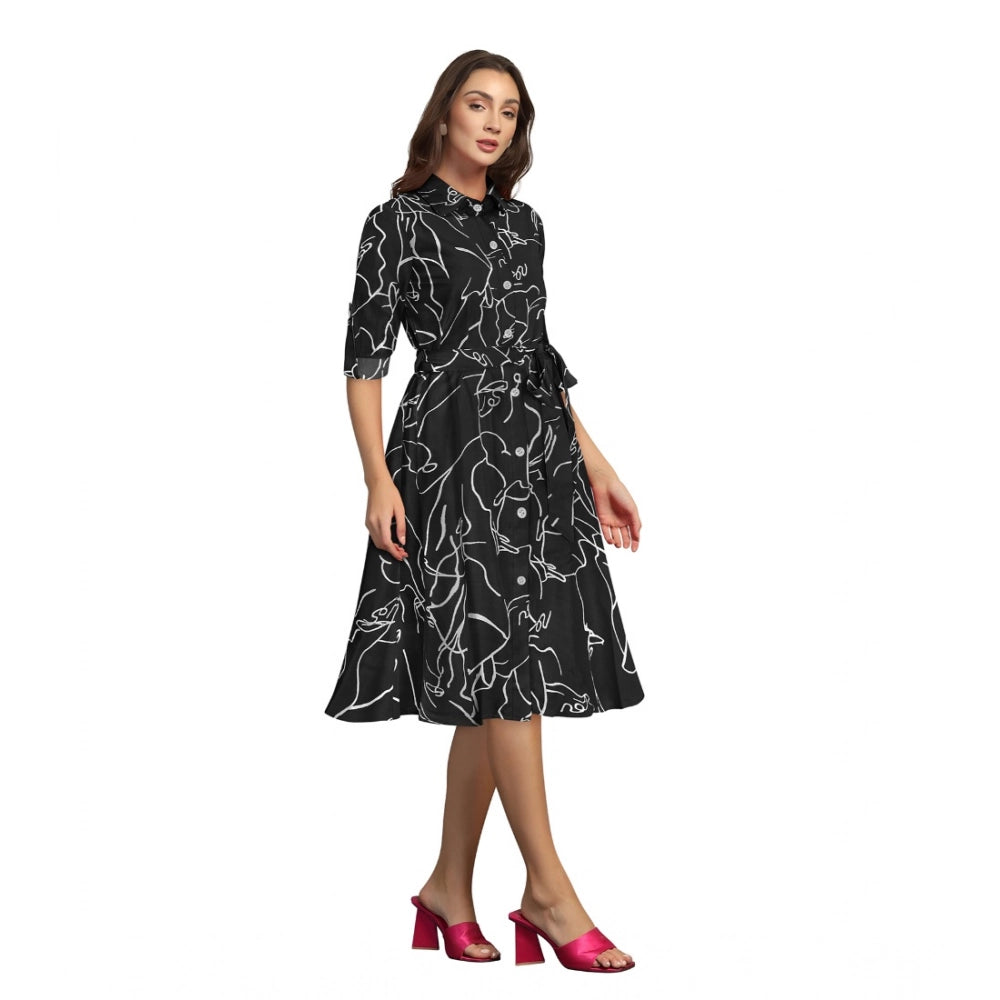 Women'S Ruby Cotton Printed Shirt Collar 3-4Th Sleeve Dress (B