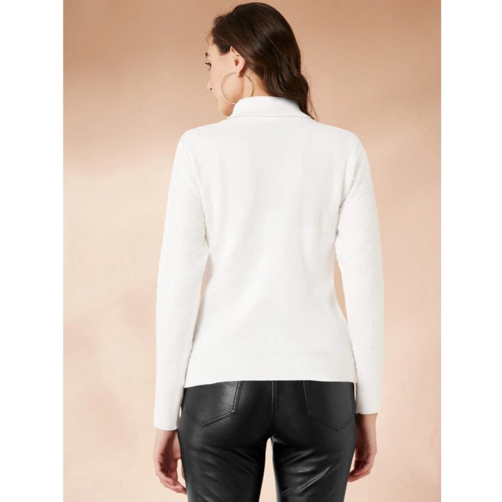 Women'S Polyester Solid High Neck Full Sleeve T-Shirt (White)
