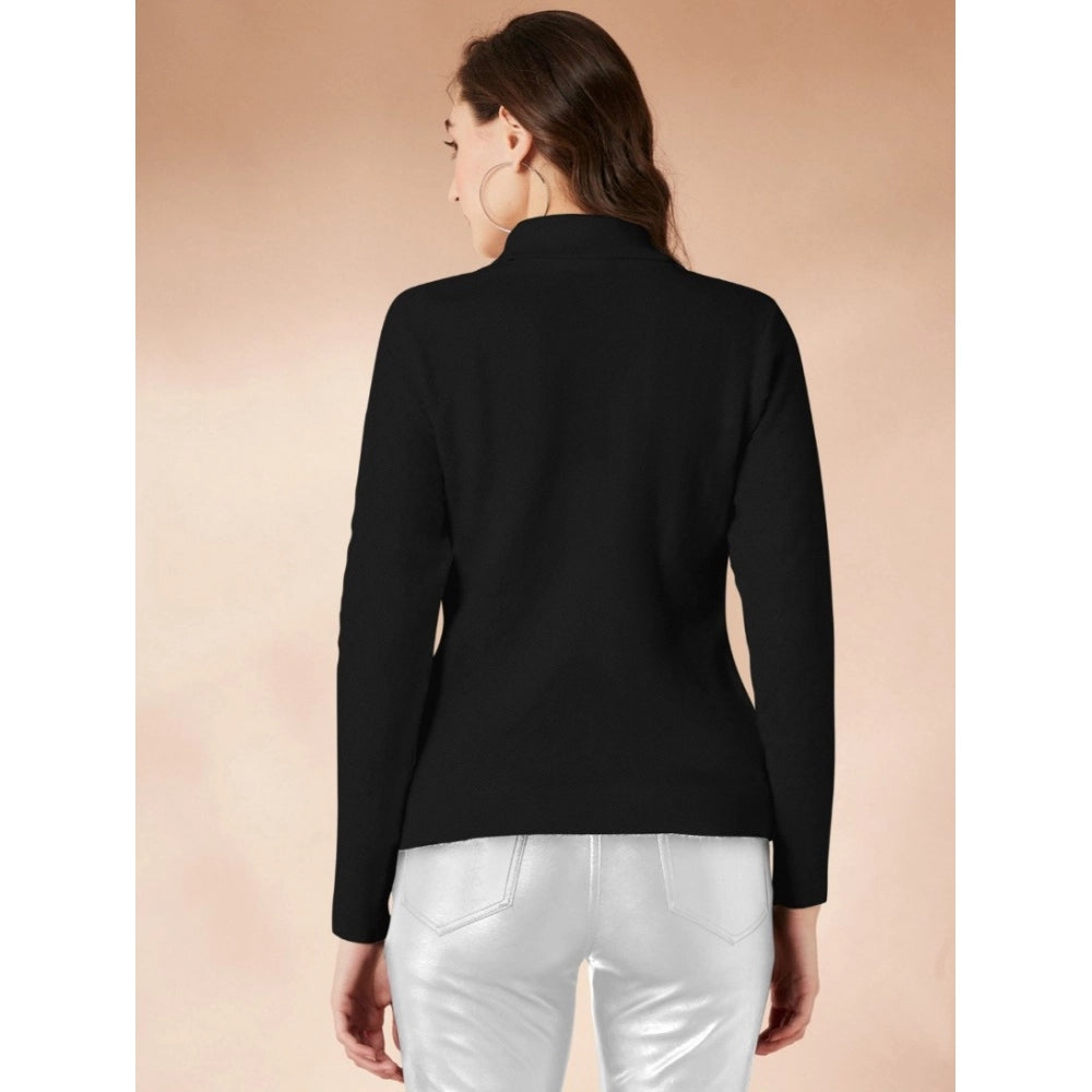 Women'S Polyester Solid High Neck Full Sleeve T-Shirt (Black)
